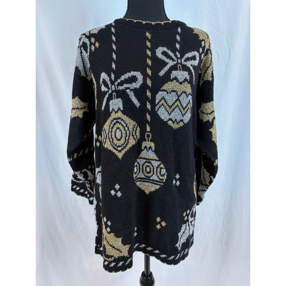 Vintage Holiday‎ Time Gold Silver Metallic Ornament Christmas Sweater Medium